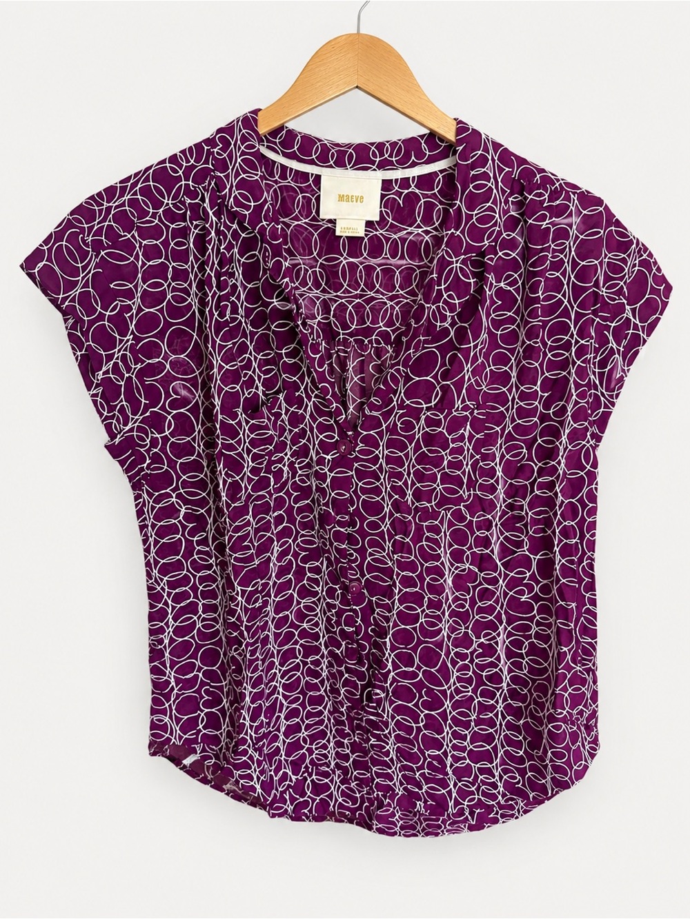 Maeve by Anthropologie Abstract Print Lightweight Rayon Blouse Button Cap sleeve
